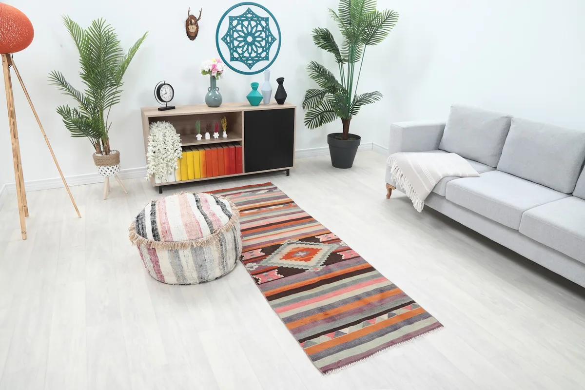 Angle view of the multicolor runner in a room, highlighting its length and how it complements the decor.