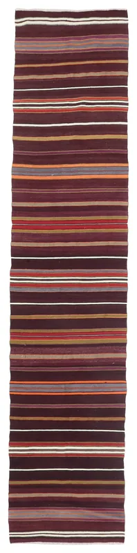 Full overhead view of the 2'0" x 9'5" brown, red, and orange striped Anatolian runner rug.