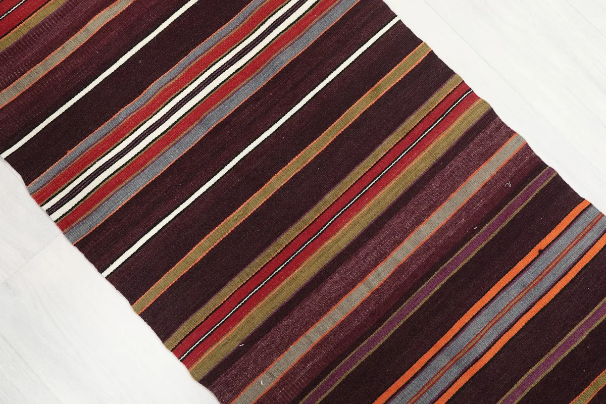 Diagonal view of the runner rug's striped pattern, showing the wool pile texture.