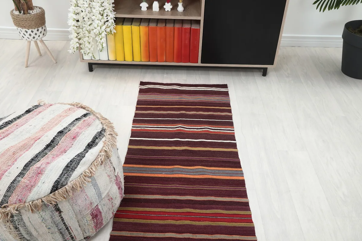 Overhead view of the runner rug in a room setting, emphasizing its length and straightness.