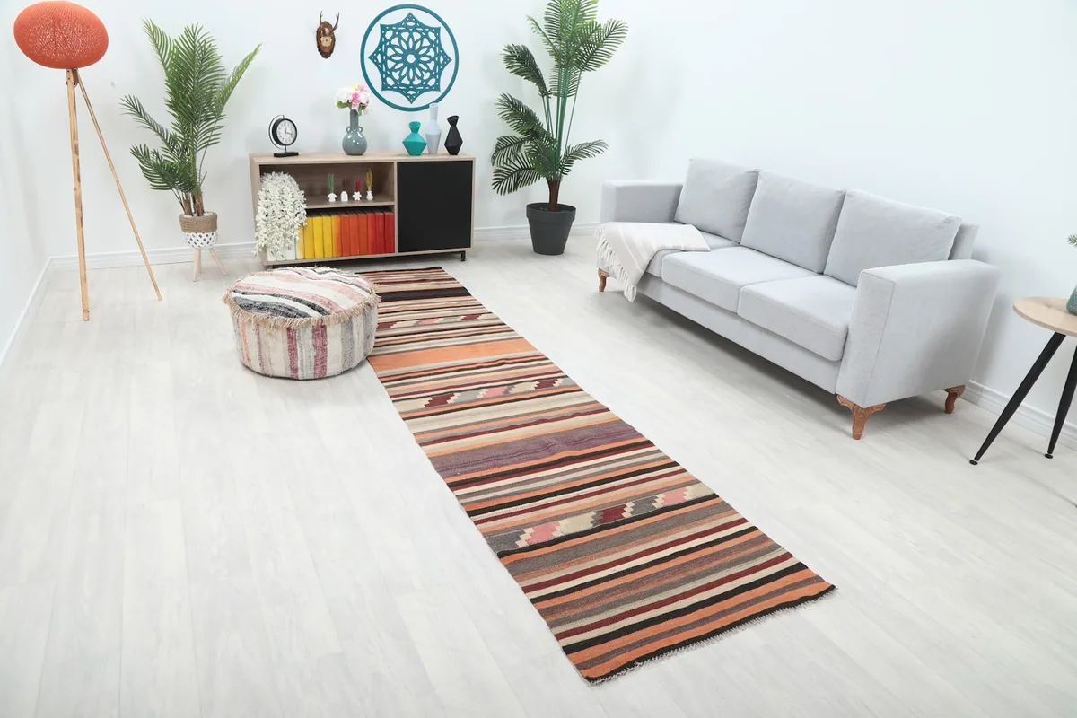 Angle view of the multicolor runner rug in a room, showing its length and colors