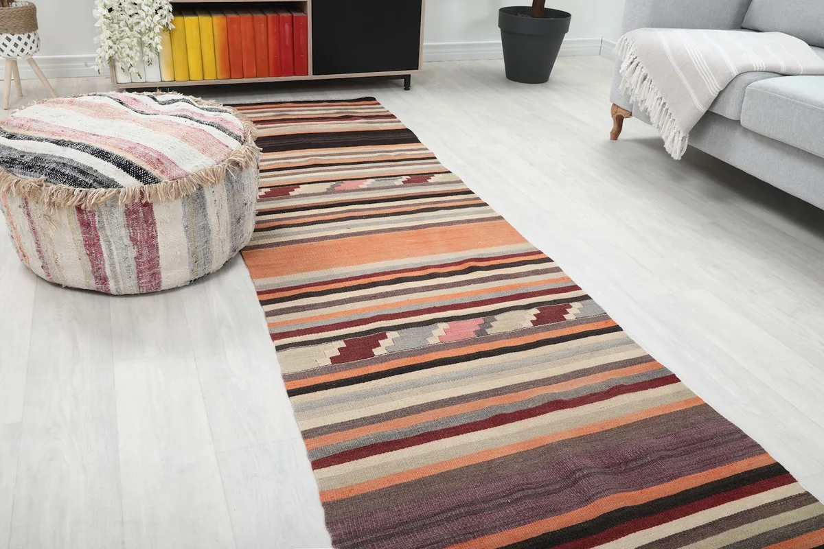 Close-up room view of the runner rug, highlighting a section of stripes and geometric patterns