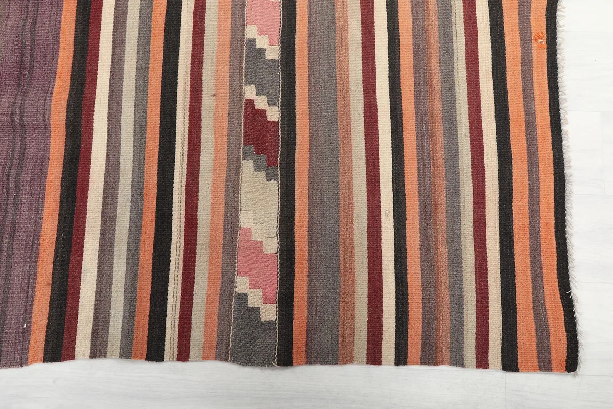 Detailed overhead view of the rug's multicolor stripes and small geometric patterns