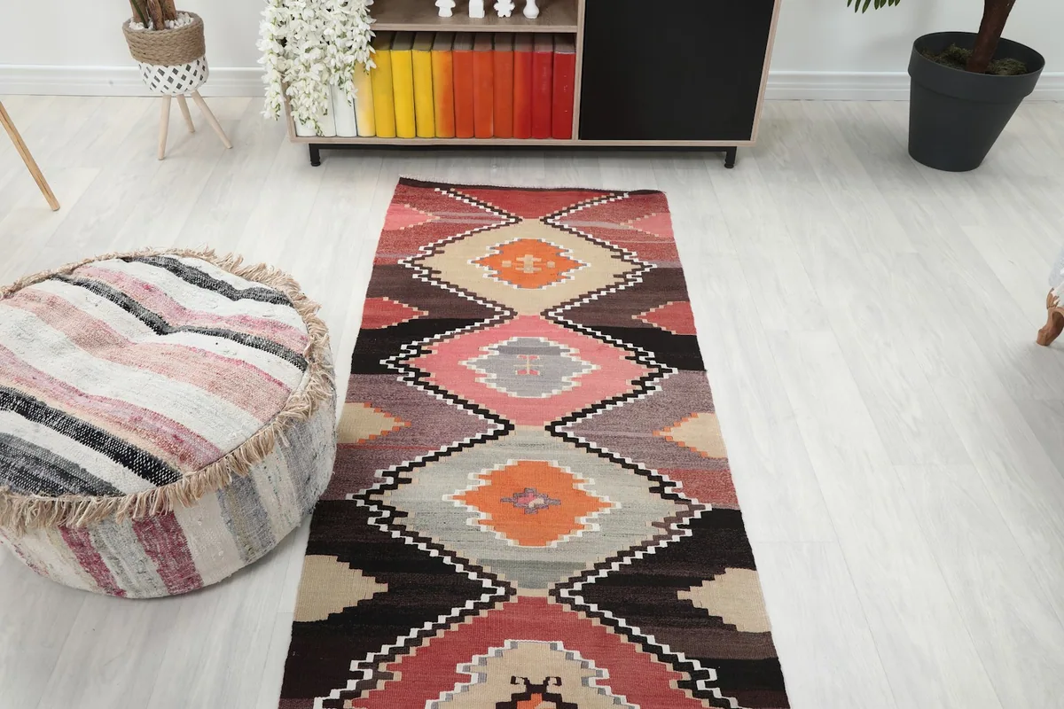Overhead view of the runner rug in a room, showing its full length and design from a higher perspective.