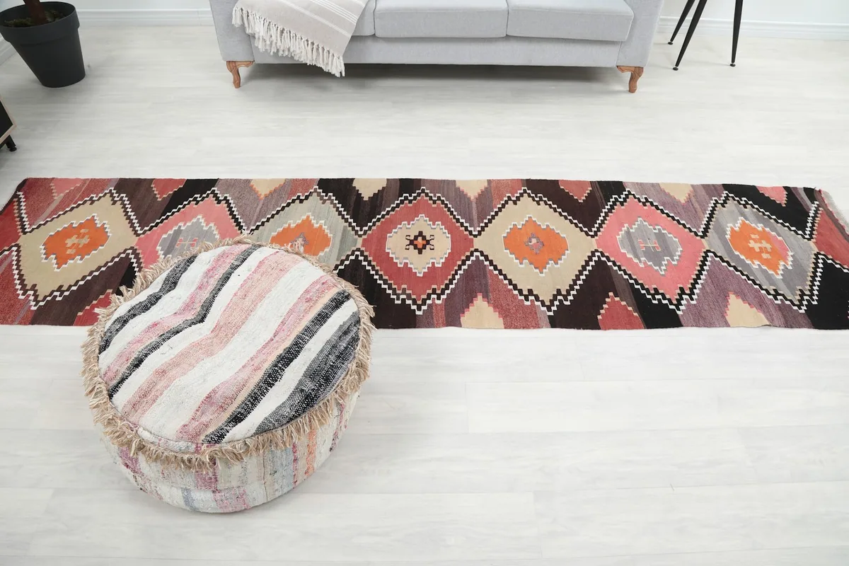 Overhead room view showing the runner rug's full length and its interplay with the surrounding decor.