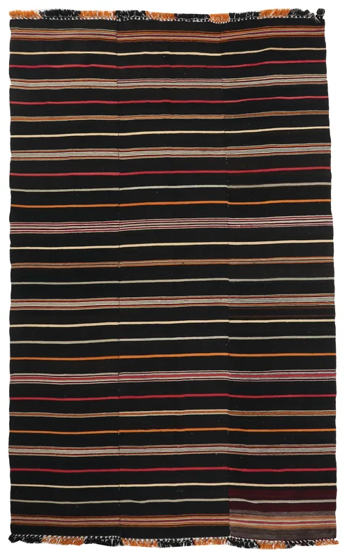 Full top view of the black striped vintage Anatolian area rug