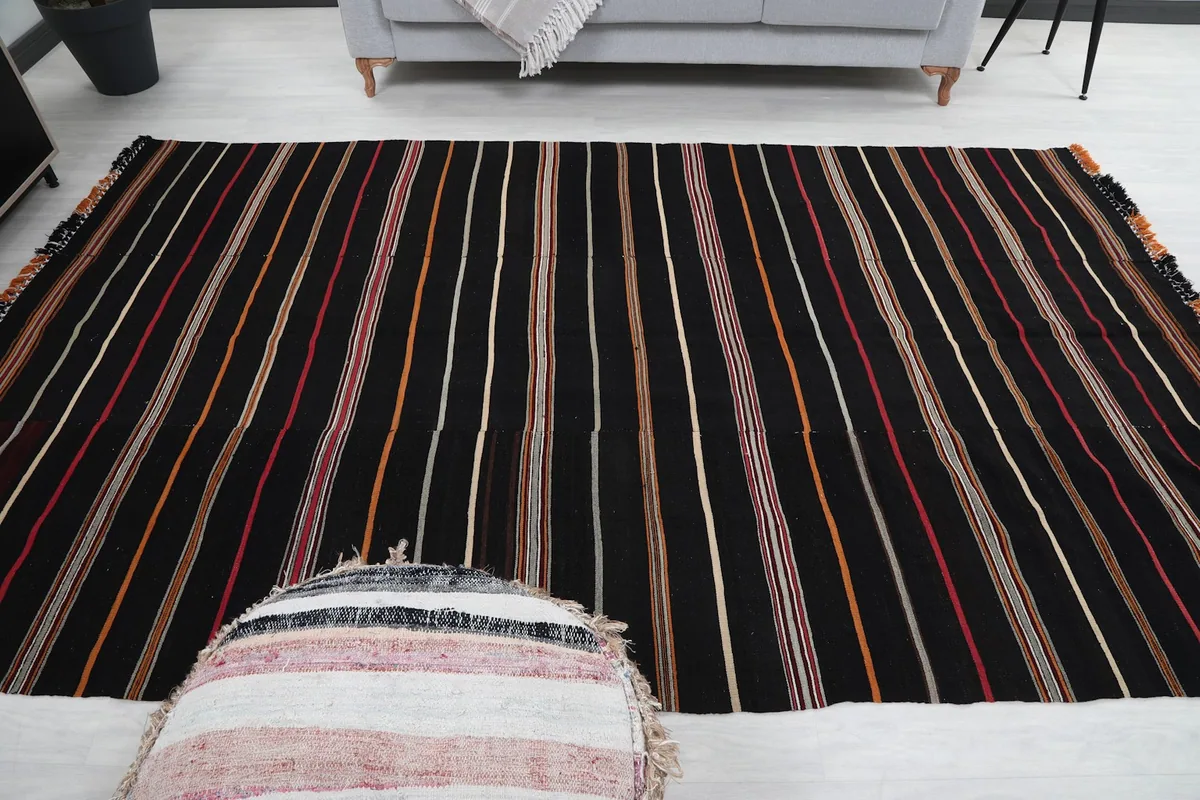 Full overhead view of the black striped rug in the room, highlighting its size