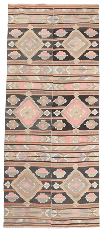Full top view of the black and pink geometric vintage Anatolian runner