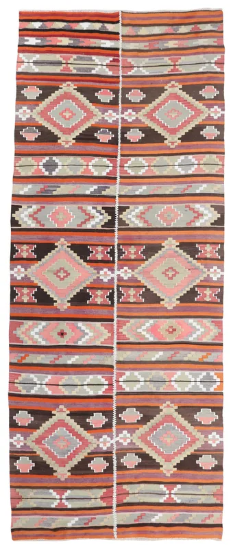 Full top view of the 5'4" x 13'1" brown and rose geometric vintage Anatolian area rug