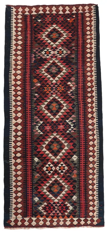 Full overhead view of the navy and red geometric vintage Anatolian runner