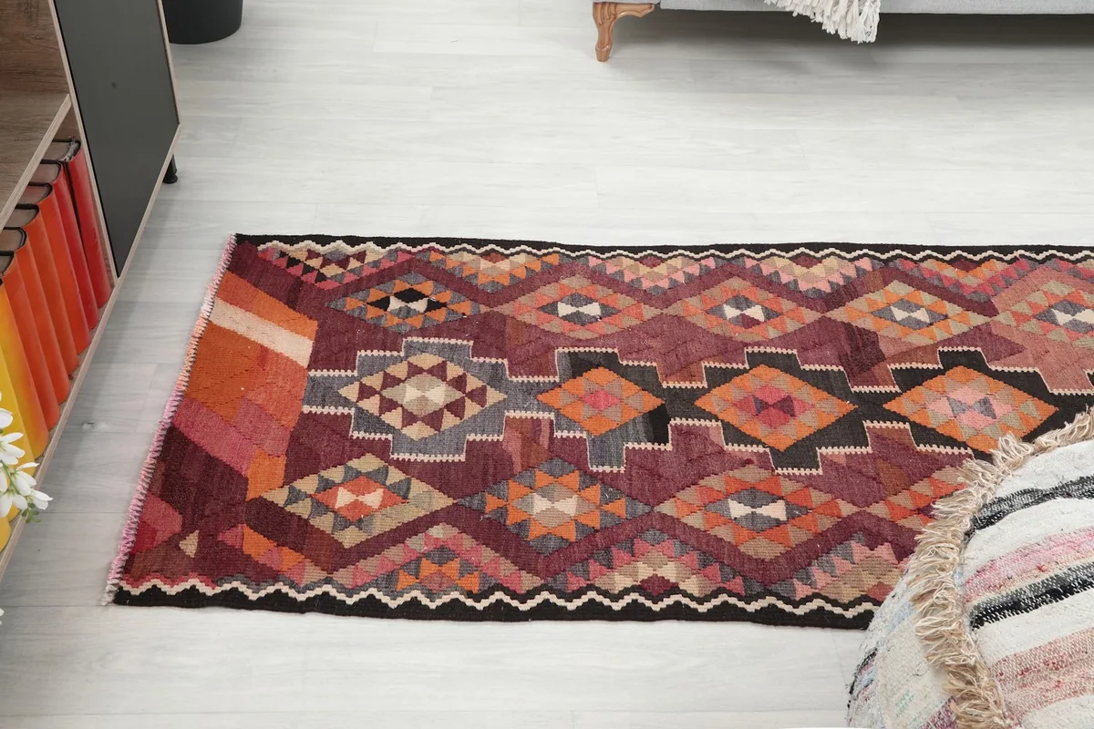 Overhead shot of the runner rug, capturing its full pattern and length in a room setting