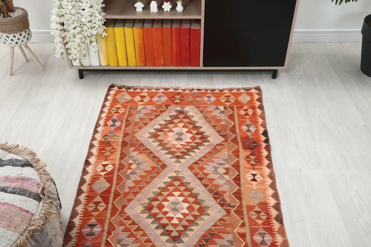 Overhead view of the rug's center and one end, showing its placement in the room