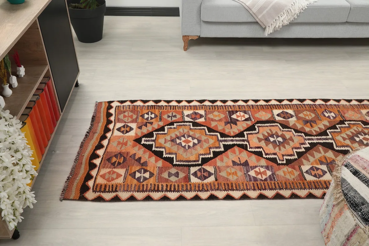 View of the runner rug from above, showing its length in a room environment