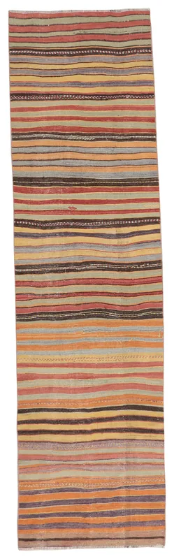 Full overhead view of the multicolor striped vintage Anatolian runner rug on a white background