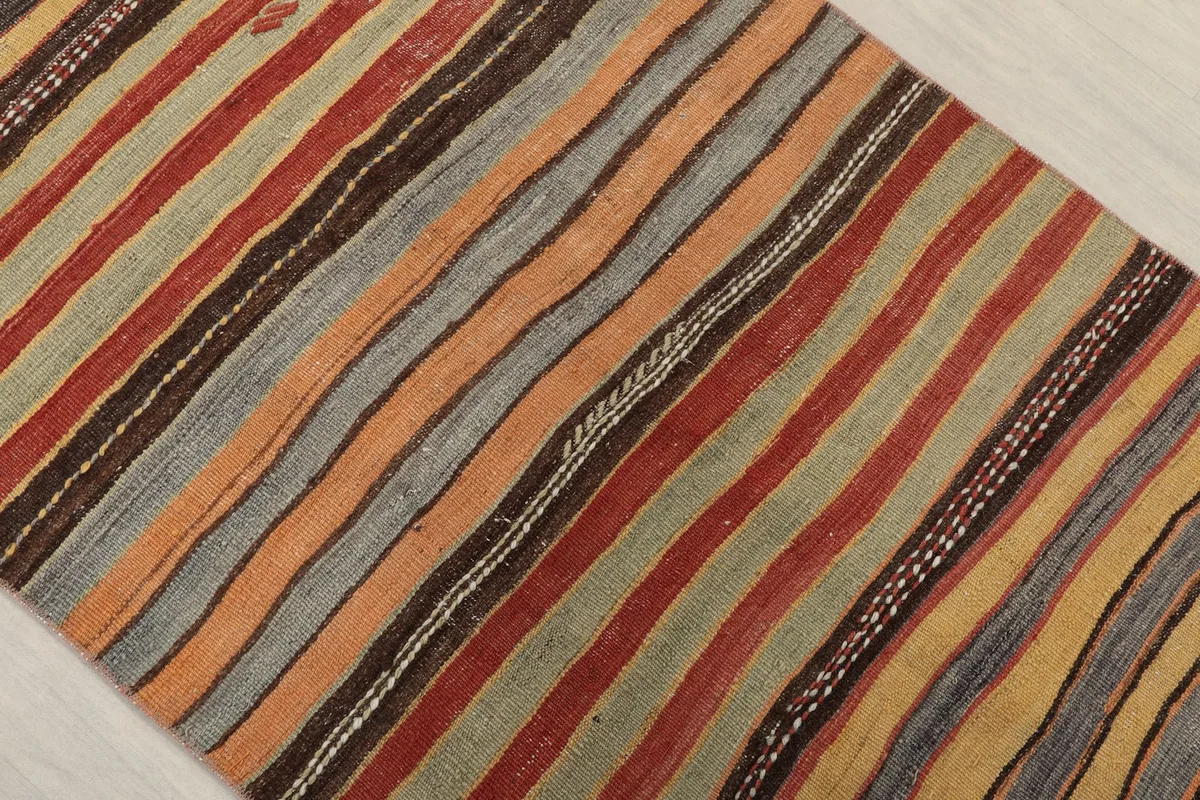 Diagonal view highlighting the varied color stripes and texture of the vintage wool runner