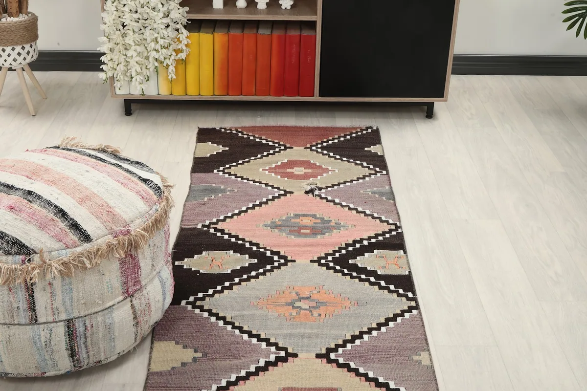 Runner rug from an elevated perspective in a room with a light-colored floor and decor