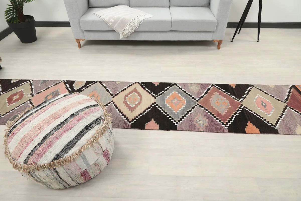 Full length of the runner rug in a room, showcasing its vibrant colors and intricate design