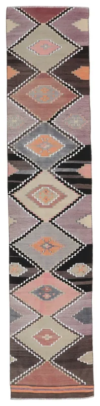 Full overhead view of the multicolor geometric Anatolian runner rug on a white background