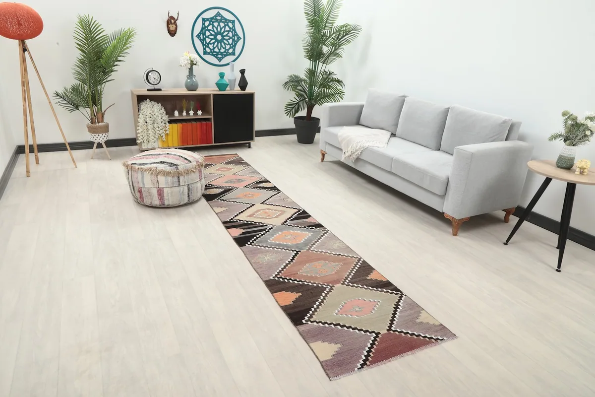 Angle view of the multicolor geometric runner rug in a contemporary interior