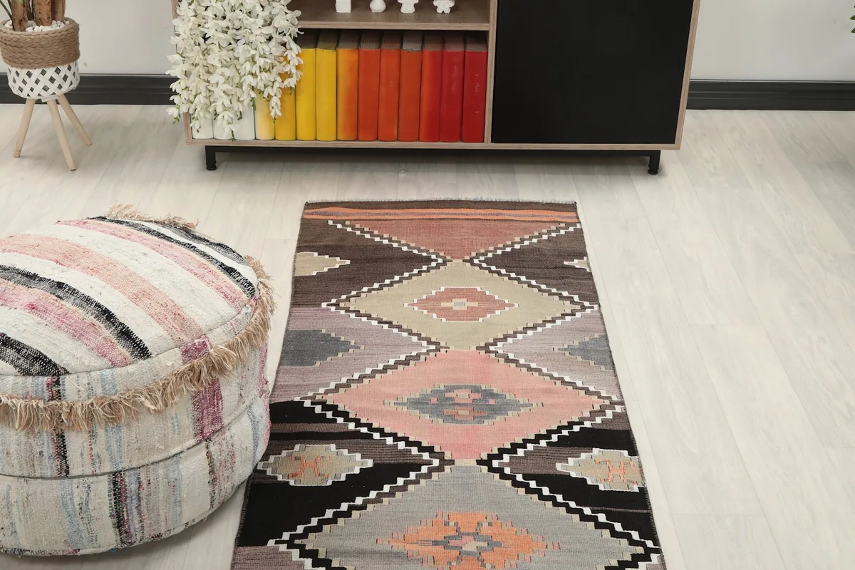 Overhead view of the runner rug in a room, highlighting its length and design