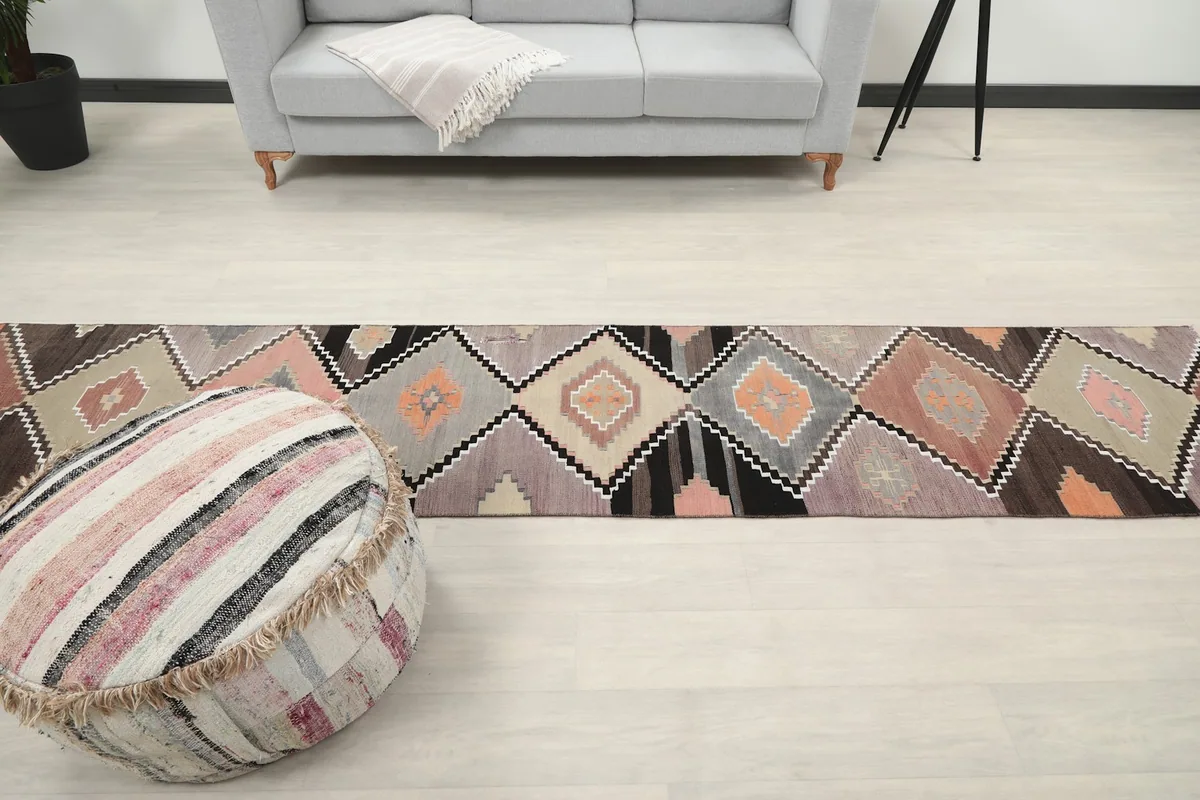 Full top view of the runner rug in a room setting, from above