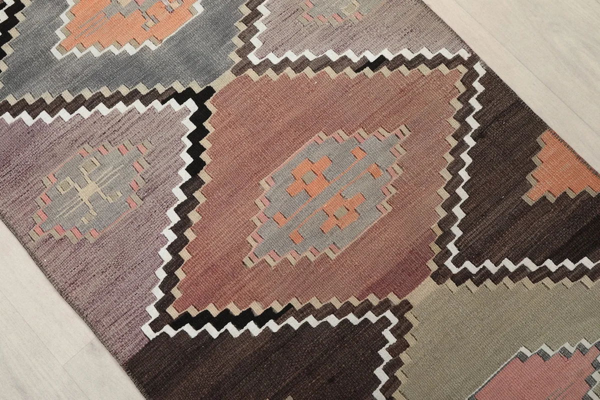 Close-up of the geometric patterns and color variations within the runner rug