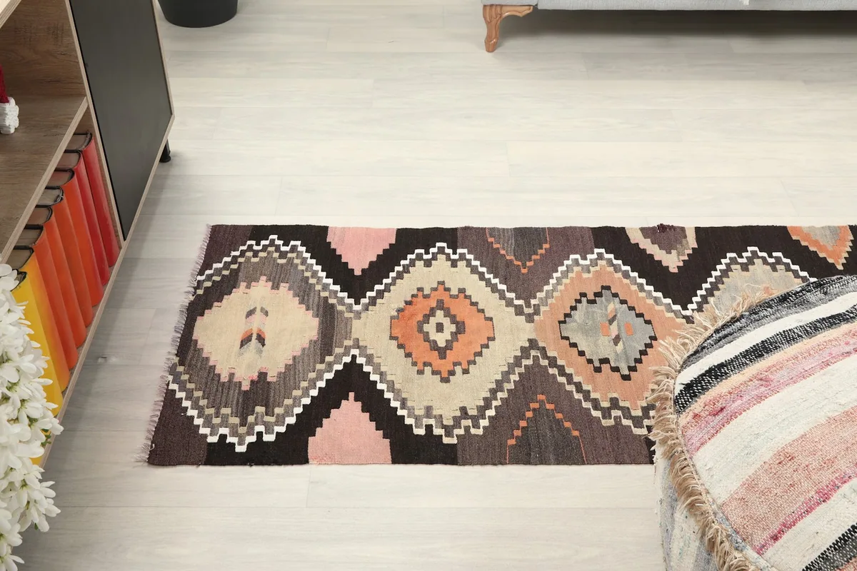Overhead view of a section of the runner rug, highlighting the varied geometric shapes
