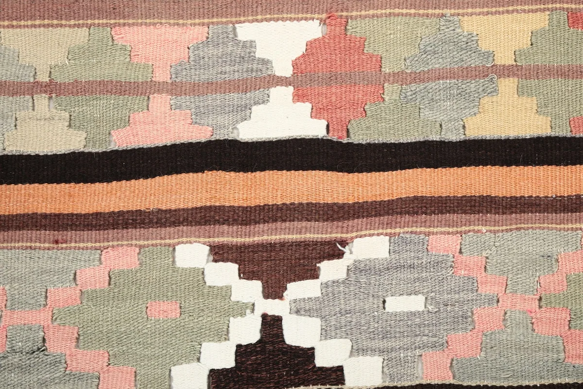 Close-up of the intricate diamond and zigzag motifs within the rug's design