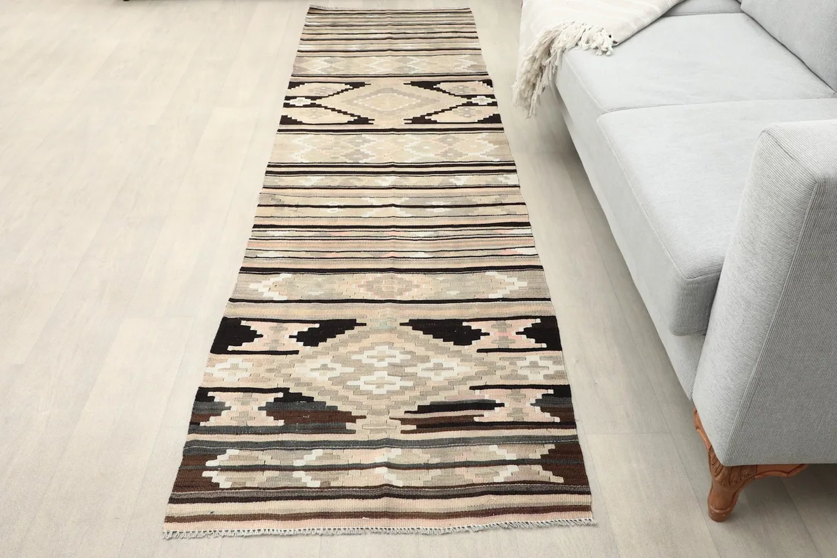 Runner rug placed in a modern living space next to a light gray sofa