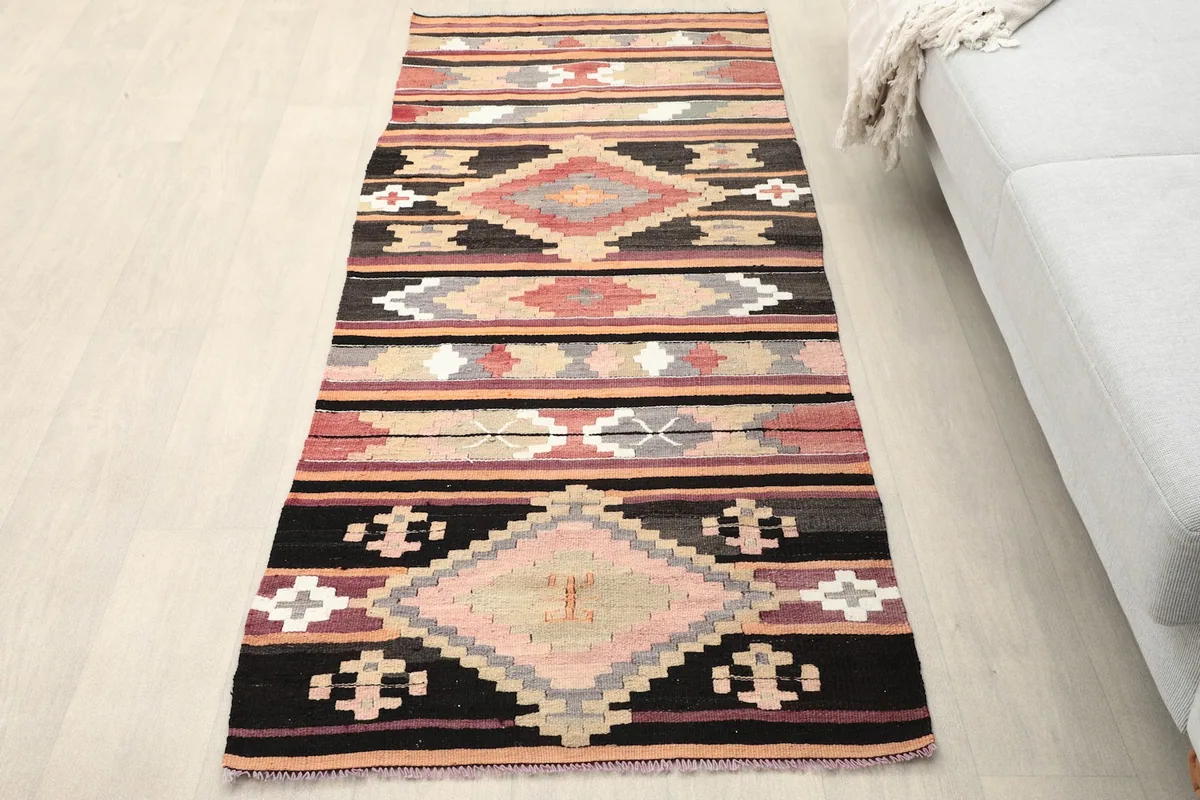 Overhead view of the runner rug on a light floor next to a sofa