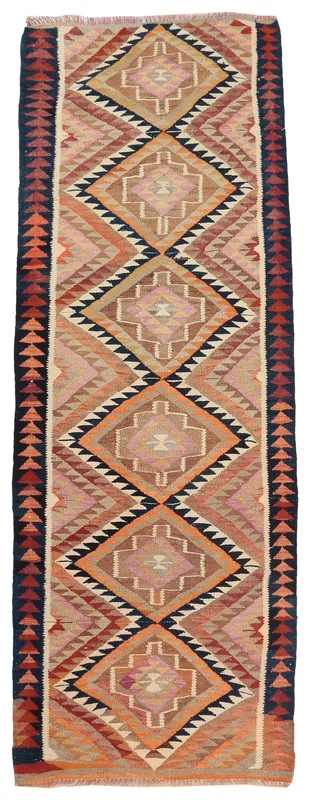 Full top view of the vintage tan and orange geometric Anatolian runner rug