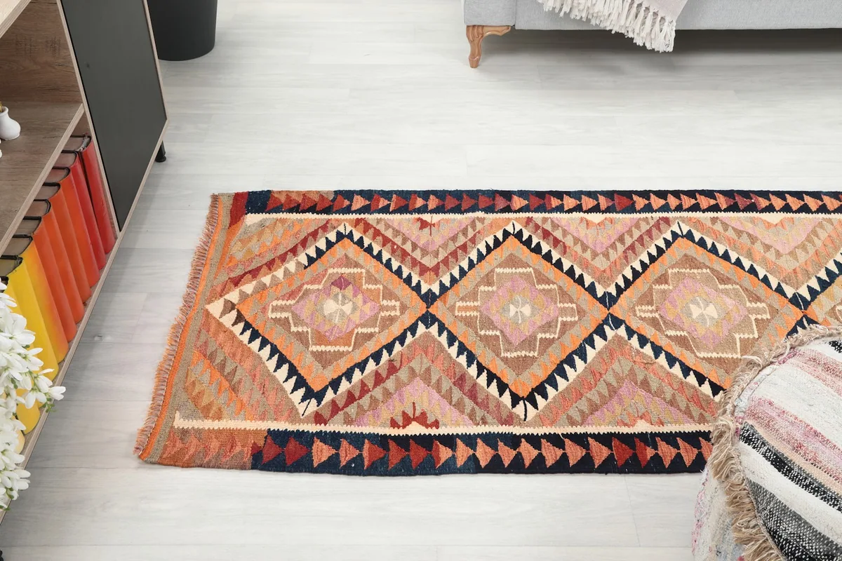 Overhead view of the runner rug laid out in a room, emphasizing its length