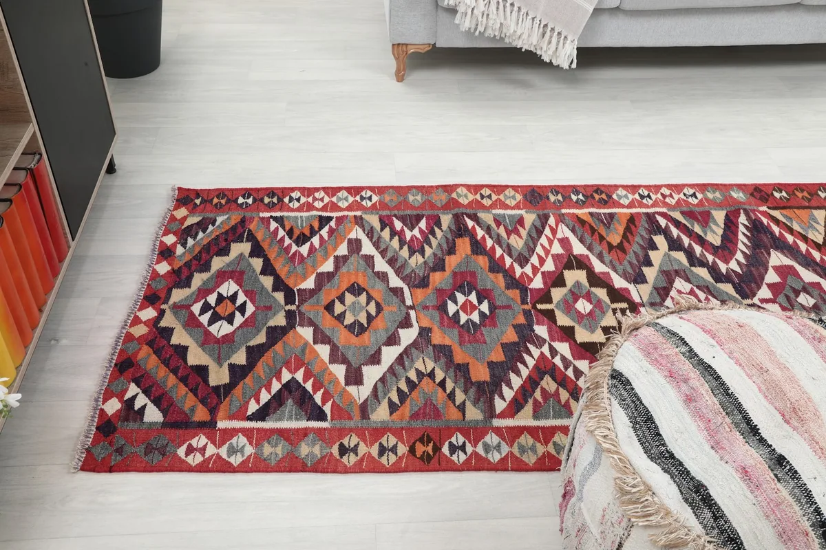 Overhead view of the runner in a room, showing its interaction with a sofa and ottoman