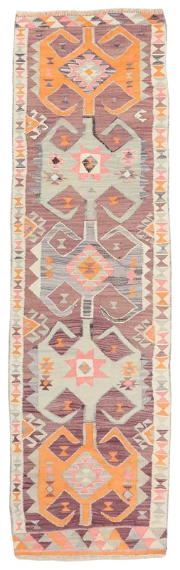 Full overhead view of the hand-knotted Anatolian runner rug on a white background, showcasing its geometric pattern.