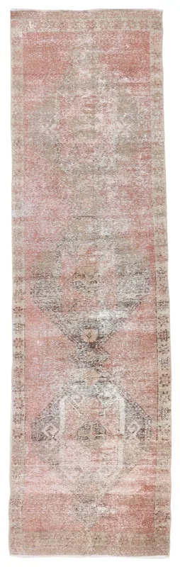 Full overhead view of the Rose Beige Distressed Geometric Runner on a white background