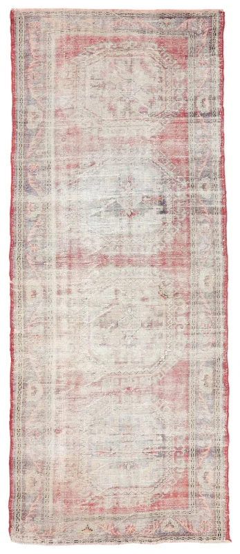 Faded Red Geometric Anatolian Runner, full top view