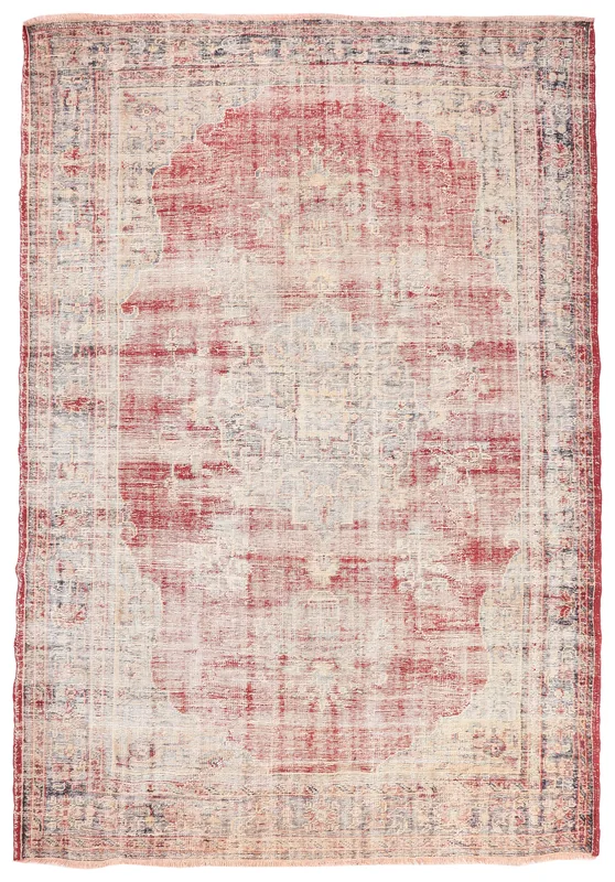 Full overhead view of a vintage red and beige medallion rug on a white background