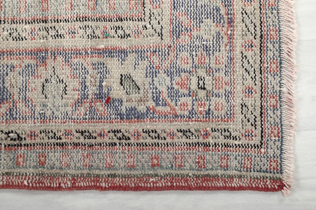 Detail of the blue and beige border pattern and fringe of the vintage rug