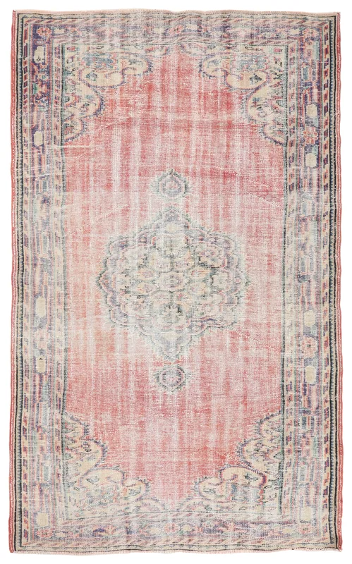 Full top view of the 5'1" x 8'5" vintage Anatolian rug with a rose field and central medallion on a white background.