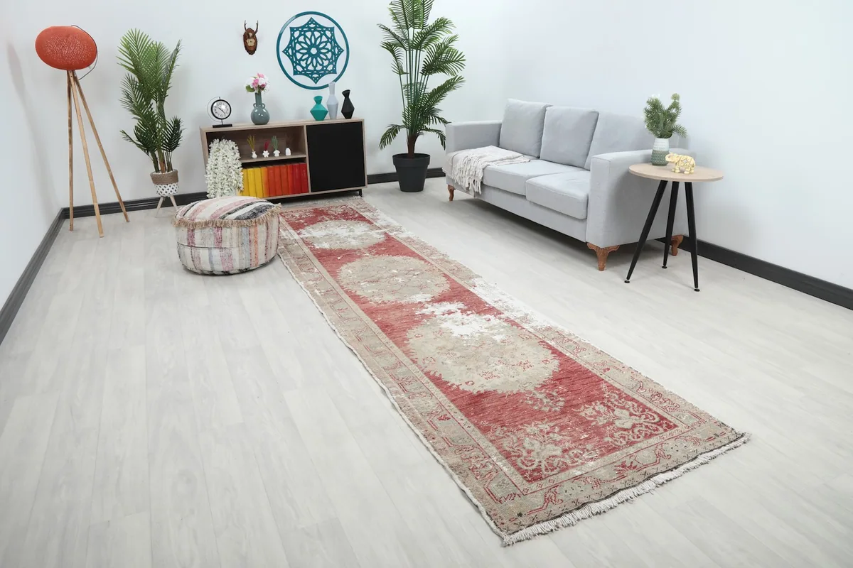 Angled view of the runner rug in a contemporary living space, showing its full length
