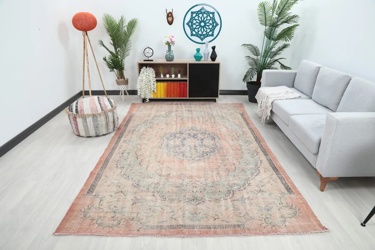 Vintage area rug in a modern living room setting with a gray couch and plants