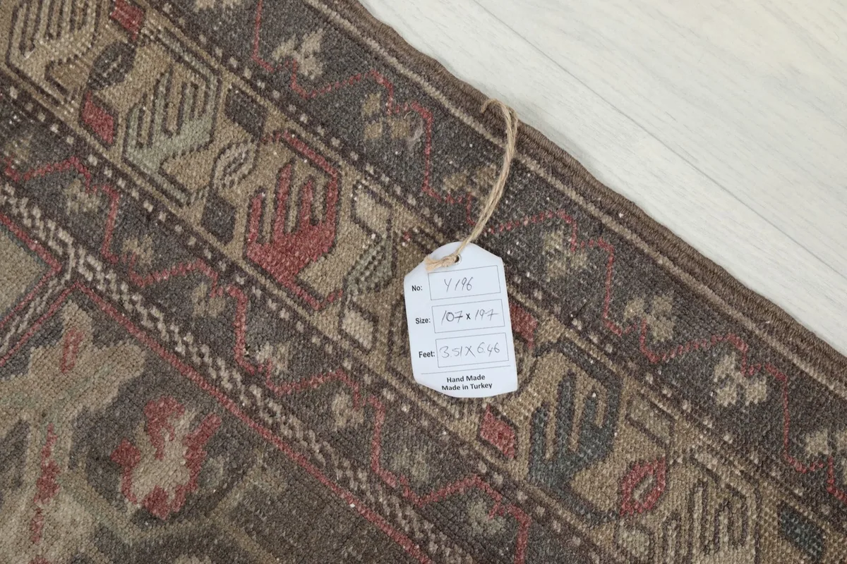 Tag on the rug displaying its dimensions: 3'6" x 6'6" (107 x 197 cm) and origin.