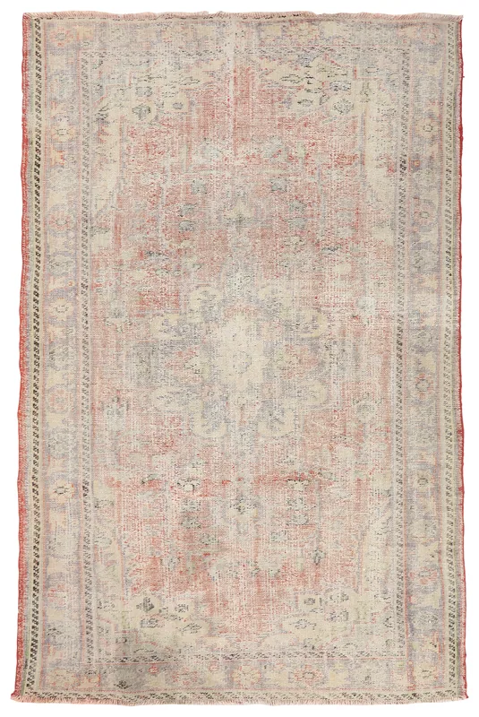 Full overhead view of the 6x9 vintage Anatolian rug with ivory, red, and gray tones.