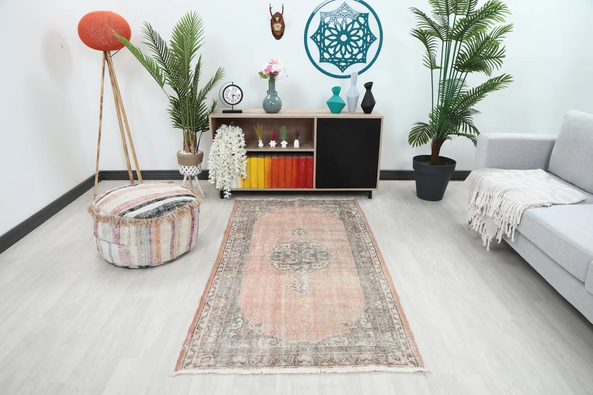 Vintage rose and gray rug in a modern living room setting with a sofa and plants