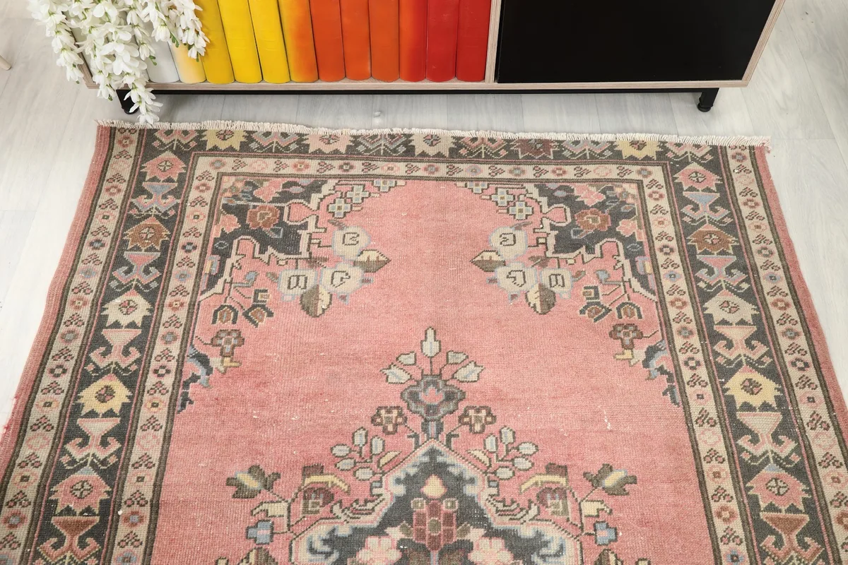 Overhead view focusing on the upper part of the runner rug's pattern