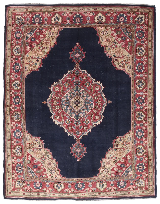 Navy Medallion Anatolian Rug, full top view showing the central medallion and detailed border.