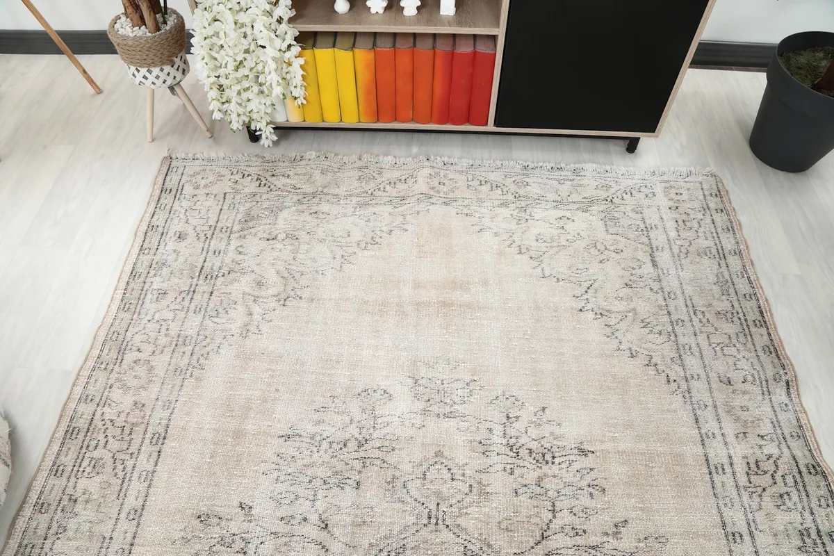 Overhead angle of the rug highlighting the overall design and distressed finish