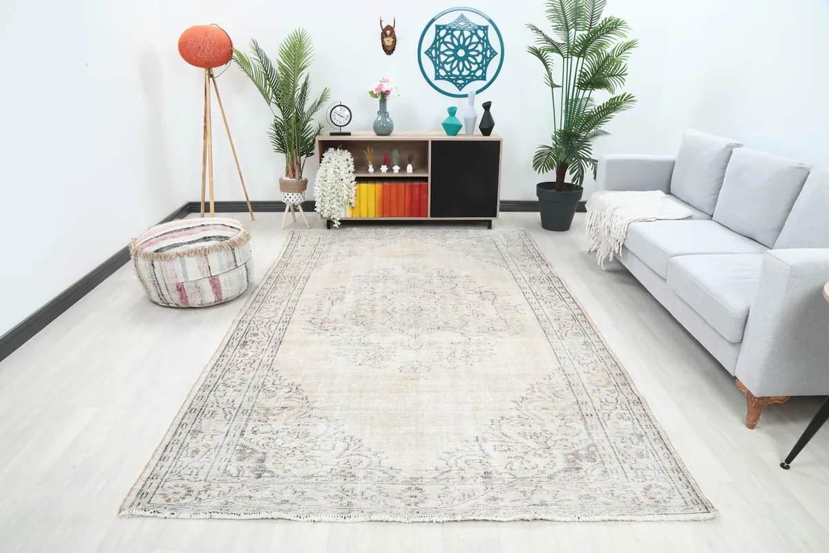 Ivory and gray vintage area rug in a modern living room setting with a light sofa