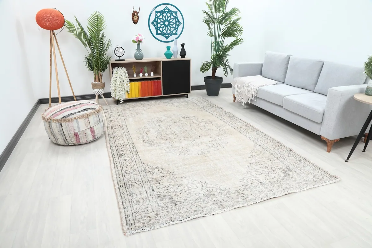 Angle view of the ivory and gray Anatolian rug placed in a bright room