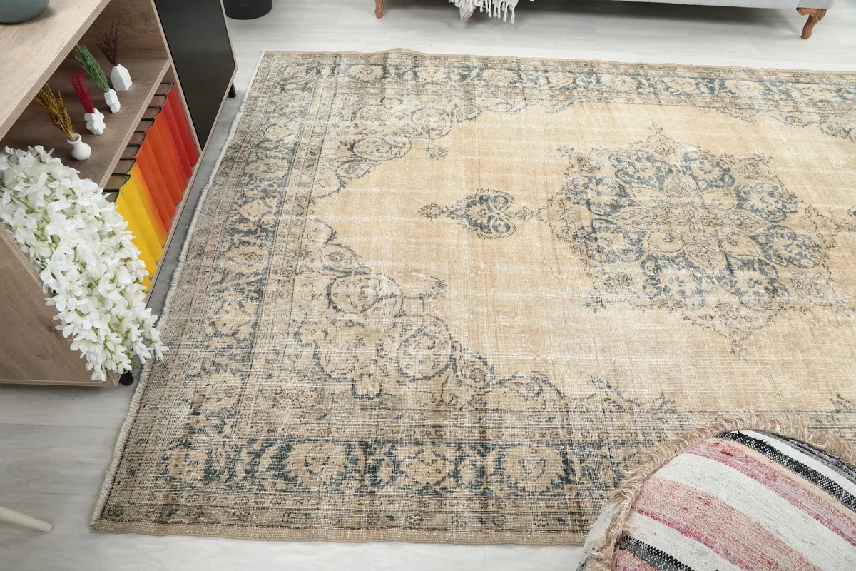 Sweeping angle of the rug showing its large size and placement in a room